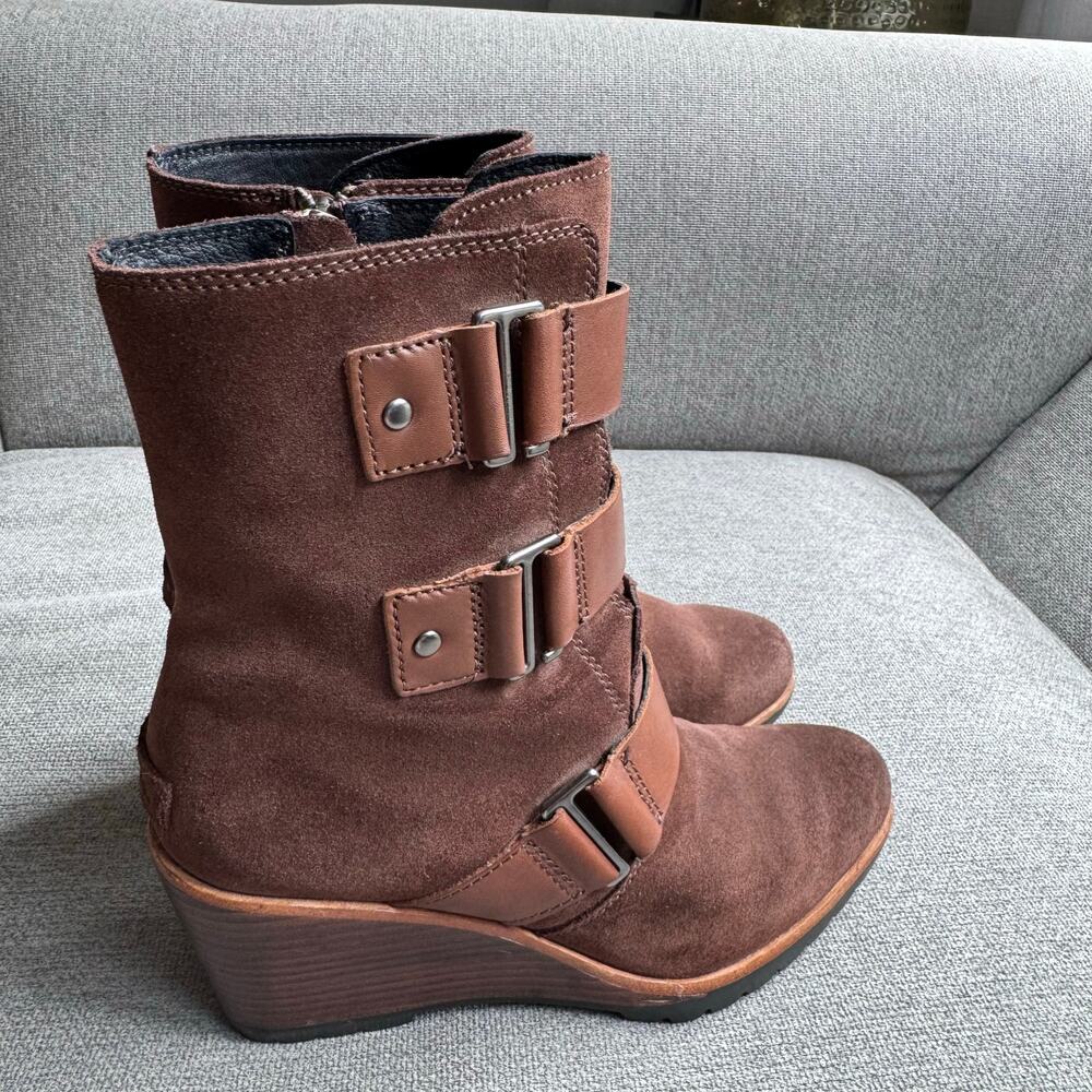 Sorel Womens After Hours Suede Wedge Booties Size 8.5 Brown Ankle Leather Straps - Picture 2 of 12